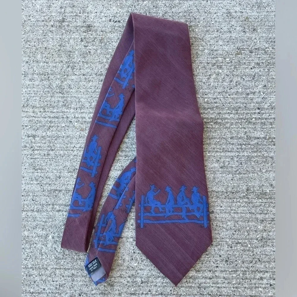 Vintage Necktie SILK Italy Roper COWBOYs Sitting on Fence '57 Corvette Mens